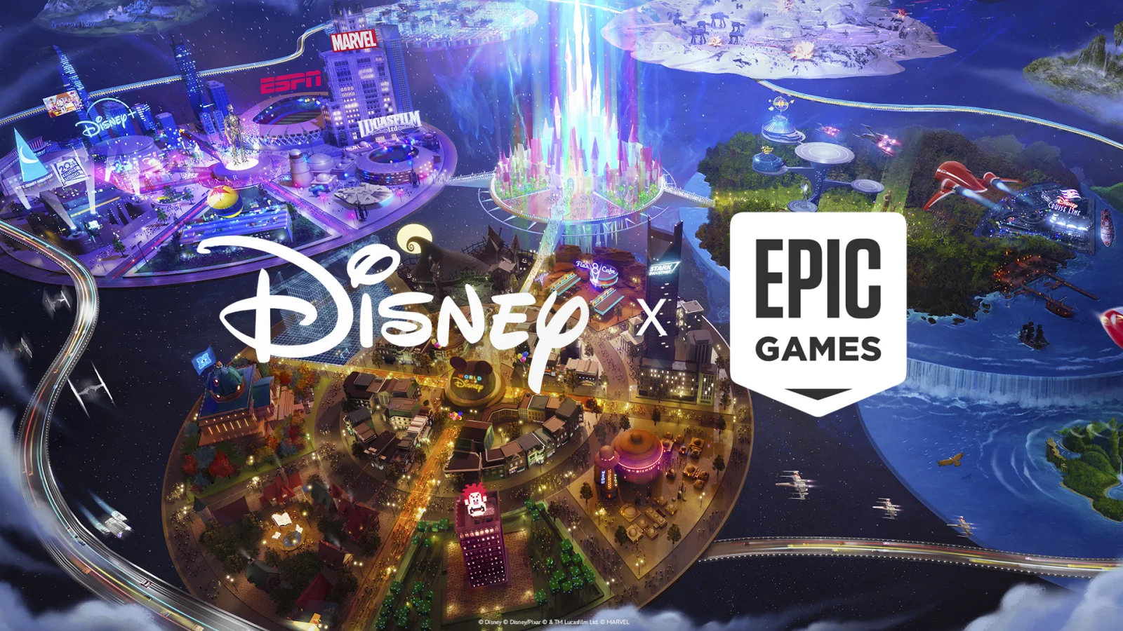 Logotipos de Disney y Epic Games sobre un mundo de fantasía