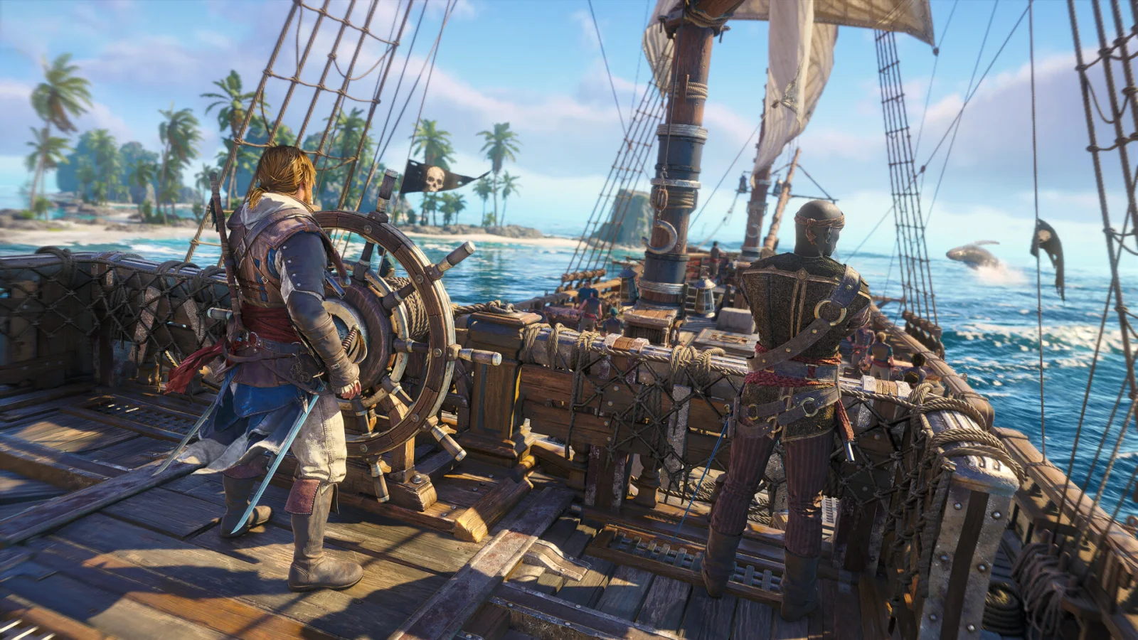 Edward Kenway al timón de su barco en Assassin's Creed Black Flag Resynced