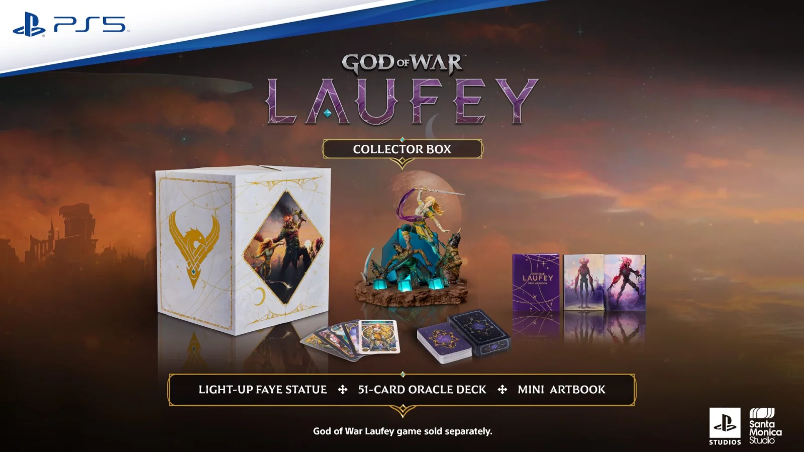 Contenido de la Collector Box de God of War Laufey: estatua de Faye, baraja de cartas y minilibro de arte